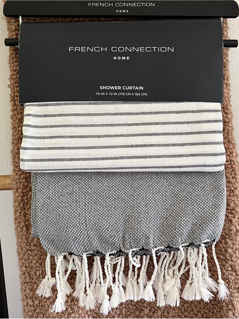 . Homegoods 70"x72" Charcoal/White Woven Striped Tassel Shower Curtain